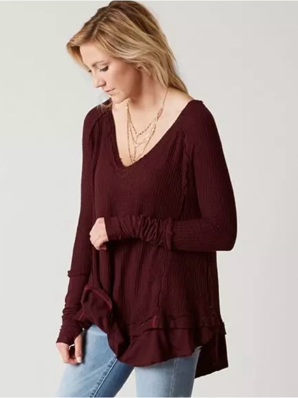 We The Free Laguna Burgundy Thermal Waffle Knit Top Beachy Boho Slouchy S